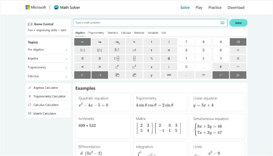 واجهة Microsoft Math Solver لحل مسائل الرياضيات بالذكاء الاصطناعي مع شرح خطوة بخطوة