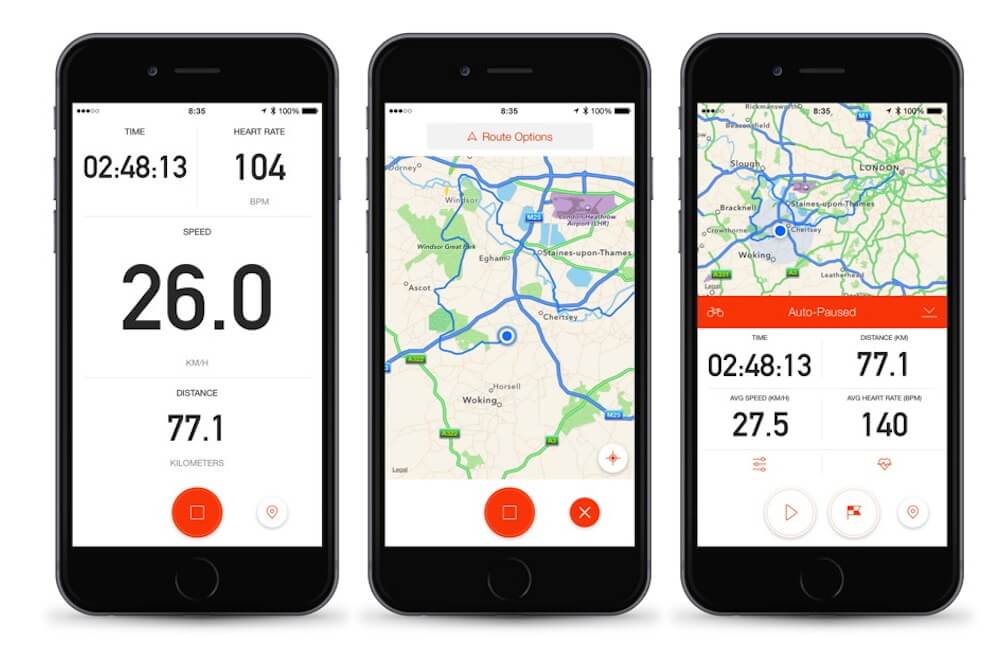واجهة Strava على iPhone تعرض صفحة النشاط مع خريطة GPS وبيانات السرعة والوقت والارتفاع