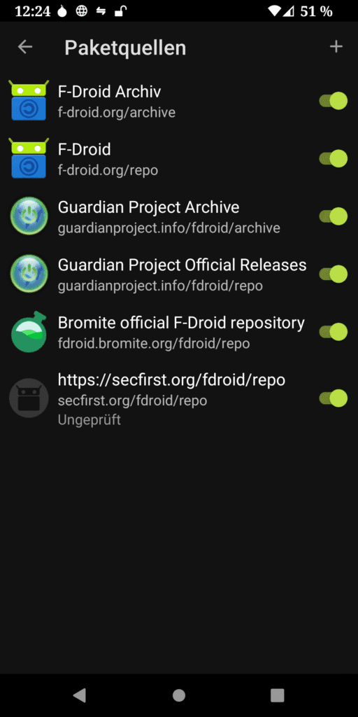 واجهة F-Droid تُظهر قائمة المستودعات المعدّلة وخيارات التفعيل/التعطيل