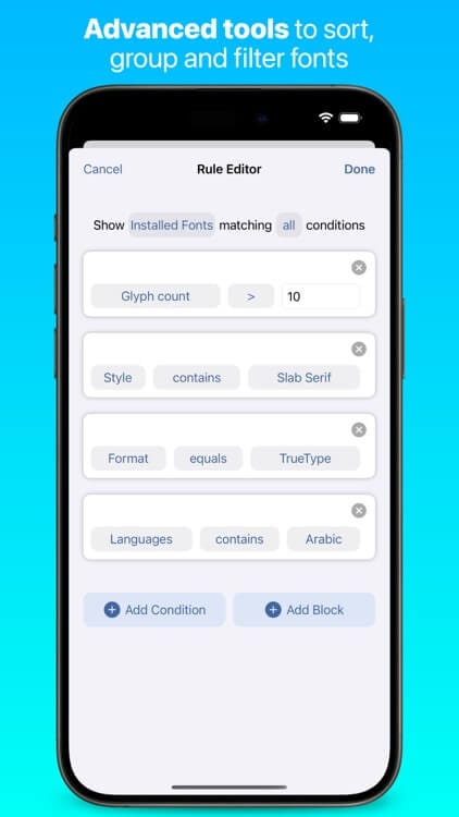 واجهة الأدوات المتقدمة في تطبيق iFont لإدارة وتثبيت الخطوط على الآيفون والآيباد