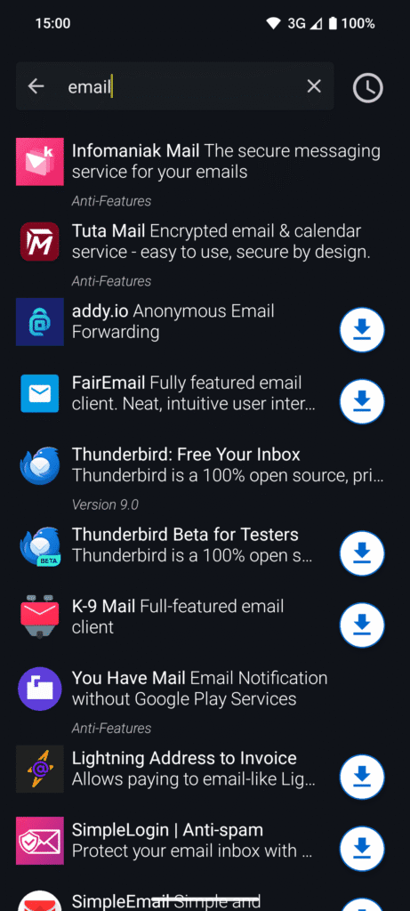لقطة شاشة لشريط البحث داخل تطبيق F-Droid أثناء عرض قائمة التطبيقات