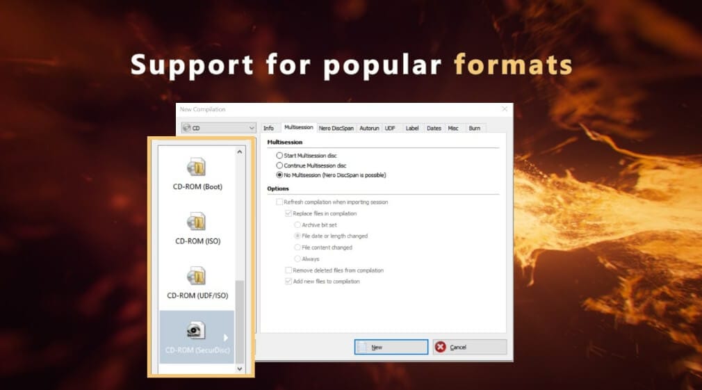 شاشة إعدادات برنامج Nero Burning ROM مع خيارات التشفير وتقسيم الملفات