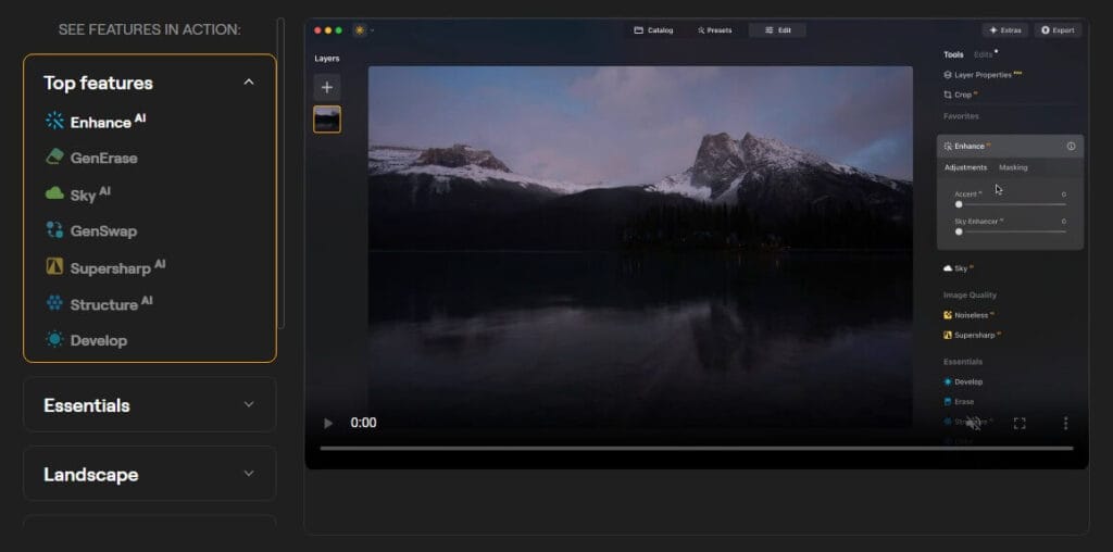 واجهة برنامج Luminar Neo أثناء تعديل الإضاءة والألوان باستخدام أدوات الذكاء الاصطناعي