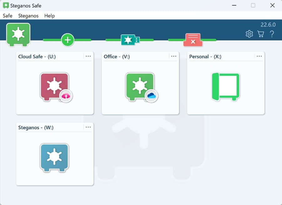 الواجهة الرئيسية لبرنامج Steganos Data Safe تعرض خزائن البيانات المختلفة للتحكم في الملفات وحمايتها بسهولة.