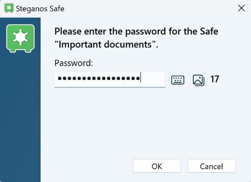نافذة إدخال الرقم السري في Steganos Data Safe لتأمين خزائن البيانات وحماية الملفات الحساسة بكلمة مرور قوية.