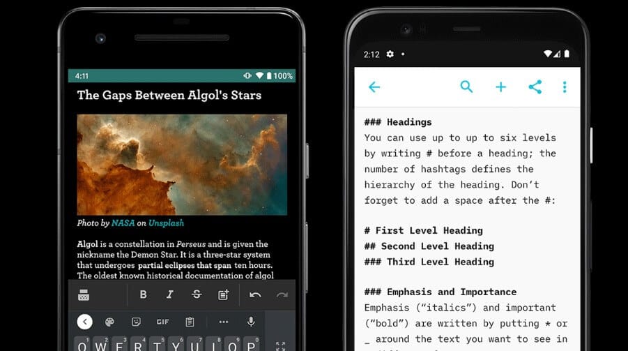 واجهة تطبيق iA Writer على الآيفون – توضح تصميم بسيط للكتابة بدون تشتيت على شاشة الهاتف.