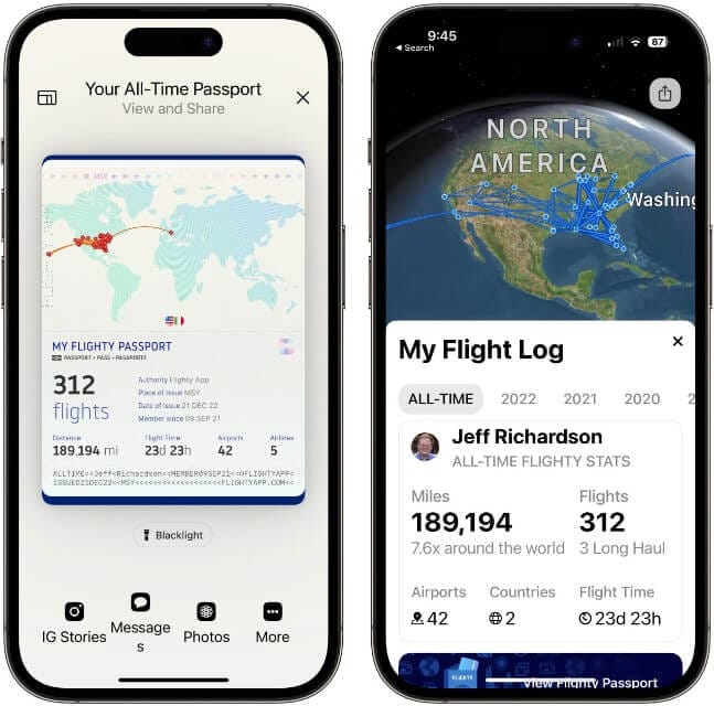 خريطة حية في تطبيق Flighty توضح موقع الطائرة أثناء الرحلة في الوقت الفعلي