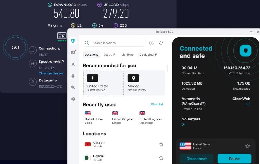 واجهة برنامج SurfShark VPN أثناء اختبار وقياس سرعة الإنترنت على الكمبيوتر