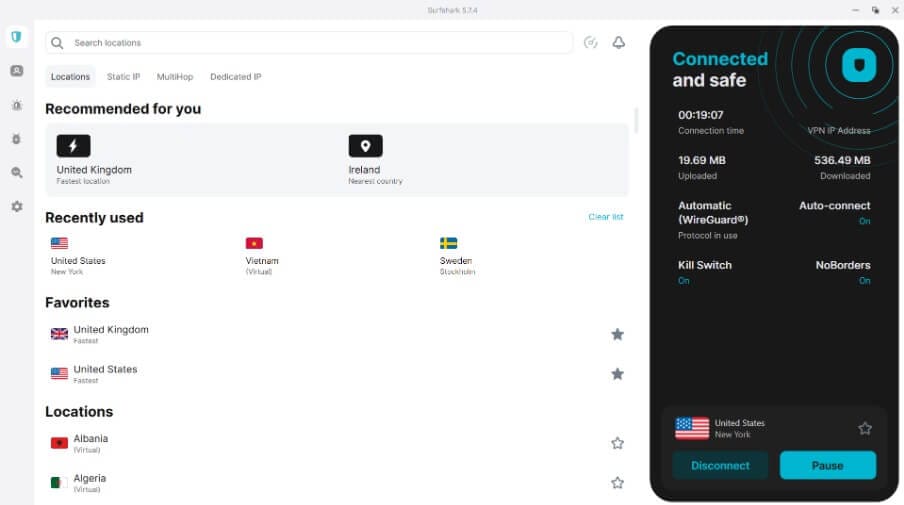 واجهة برنامج SurfShark VPN تعرض قائمة الدول المتاحة للاتصال بخوادم VPN العالمية