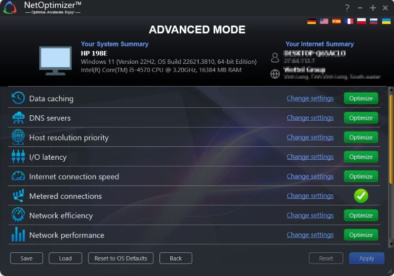 واجهة برنامج NetOptimizer في وضع Advanced Mode لعرض الإعدادات المتقدمة لتسريع الإنترنت على ويندوز