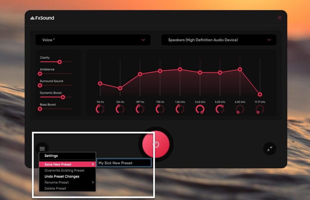صورة تعرض إعدادات برنامج FxSound المخصصة لتعديل الصوت، الترددات، وتفعيل المؤثرات الصوتية.