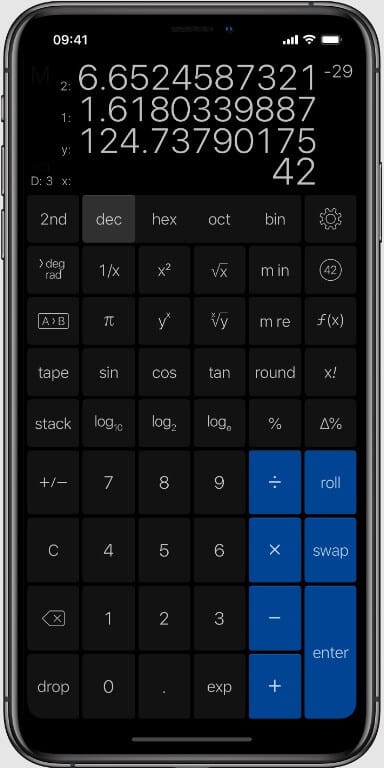عرض وضع RPN في تطبيق PCalc للايفون لإجراء الحسابات العلمية المتقدمة بكفاءة
