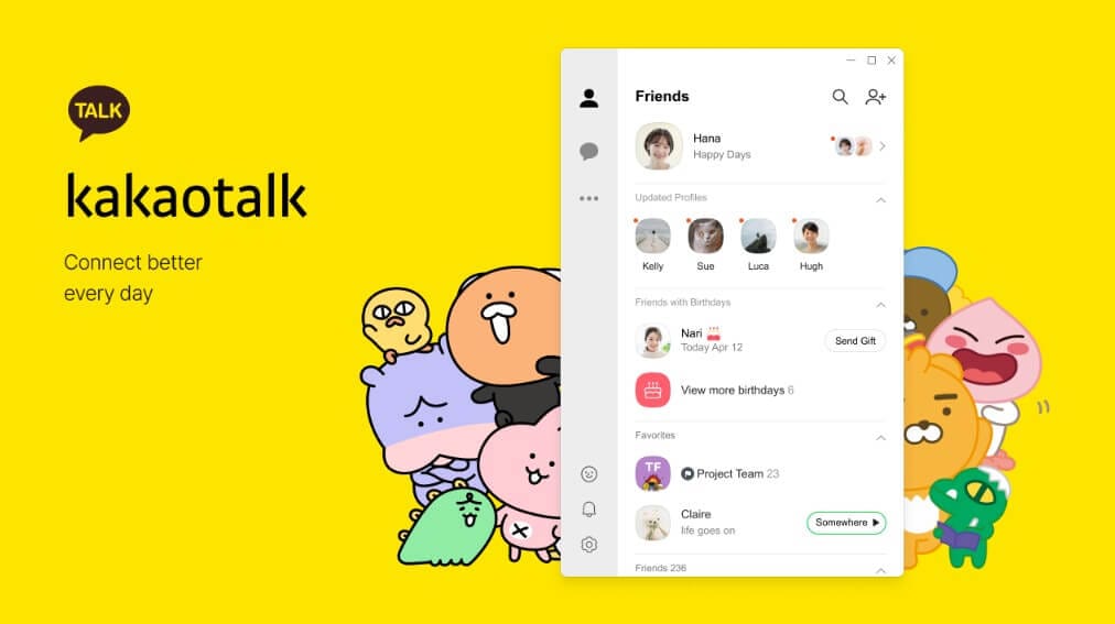 واجهة برنامج KakaoTalk للكمبيوتر توضح تصميم سهل الاستخدام وشريط المحادثات الجانبي