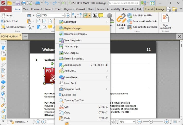 صورة لقائمة الكليك يمين في PDF XChange Editor داخل ملف PDF مع خيارات التحرير والتعليقات