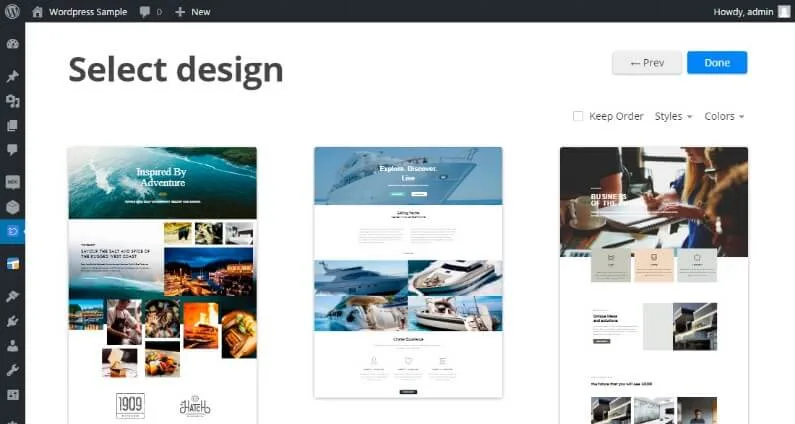 لقطة شاشة لواجهة برنامج Nicepage عند اختيار التصميم (Select Design).