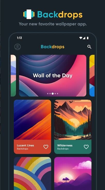 واجهة تطبيق Backdrops للاندرويد تعرض التصميم الرئيسي والقوائم بشكل أنيق