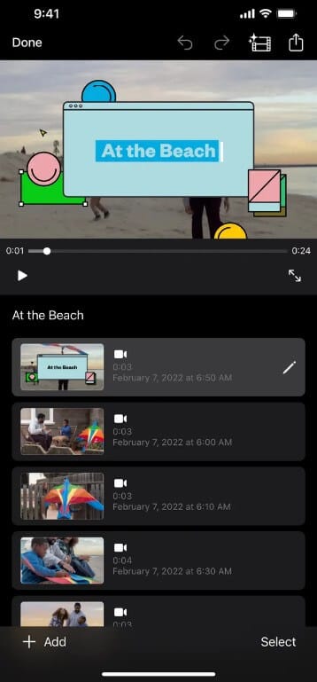 واجهة تطبيق iMovie للآيفون تعرض أدوات تحرير الفيديو الأساسية