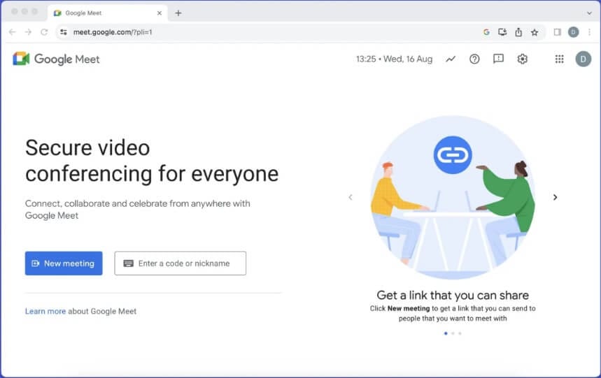 واجهة Google Meet لبدء اجتماع جديد مع خيارات الانضمام ومشاركة الرابط بسهولة عبر الإنترنت