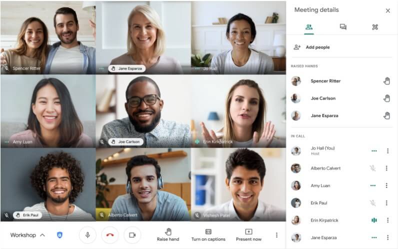 اجتماع فريق عمل عبر Google Meet يضم عدة مشاركين بالفيديو والصوت بجودة عالية للتعاون عن بعد