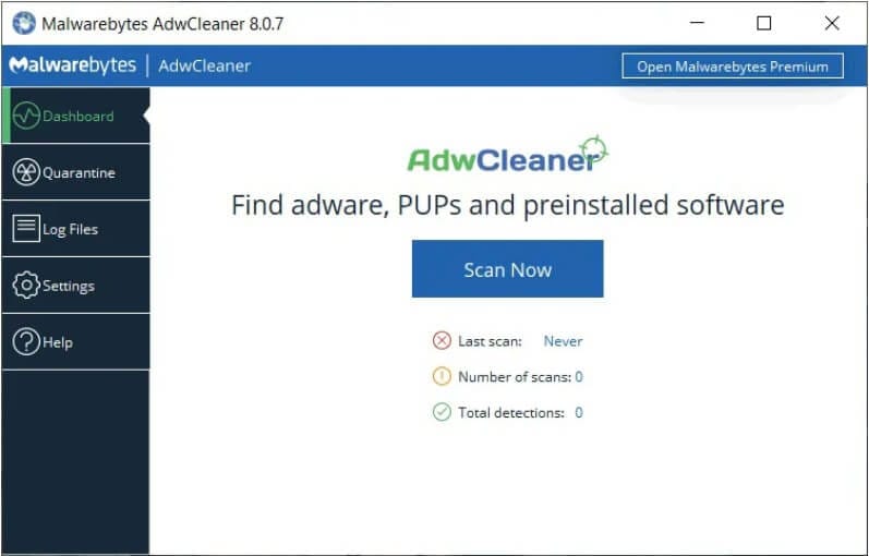 واجهة برنامج AdwCleaner الرئيسية لبدء الفحص وتنظيف الجهاز من الإعلانات المزعجة