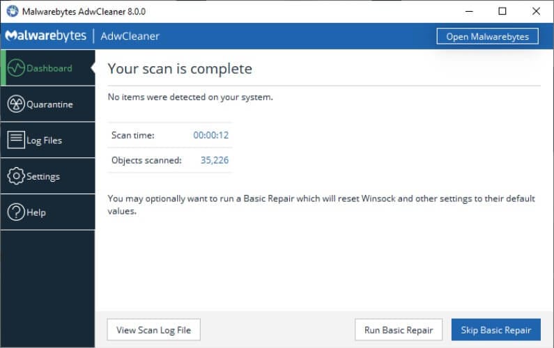 شاشة نتائج فحص AdwCleaner توضح كشف الملفات الإعلانية والبرامج غير المرغوب فيها