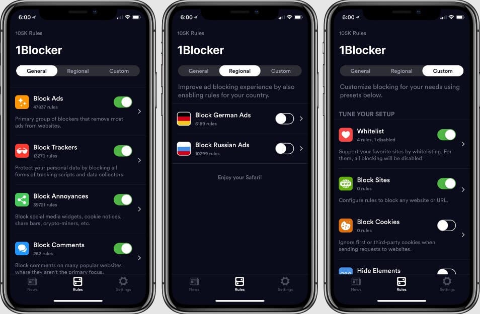 واجهة تطبيق 1Blocker على متصفح سفاري لحجب الإعلانات والمتتبعات