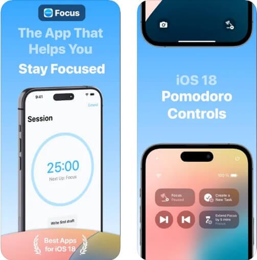 واجهة تطبيق Focus للهاتف أثناء جلسة تركيز باستخدام تقنية بومودورو