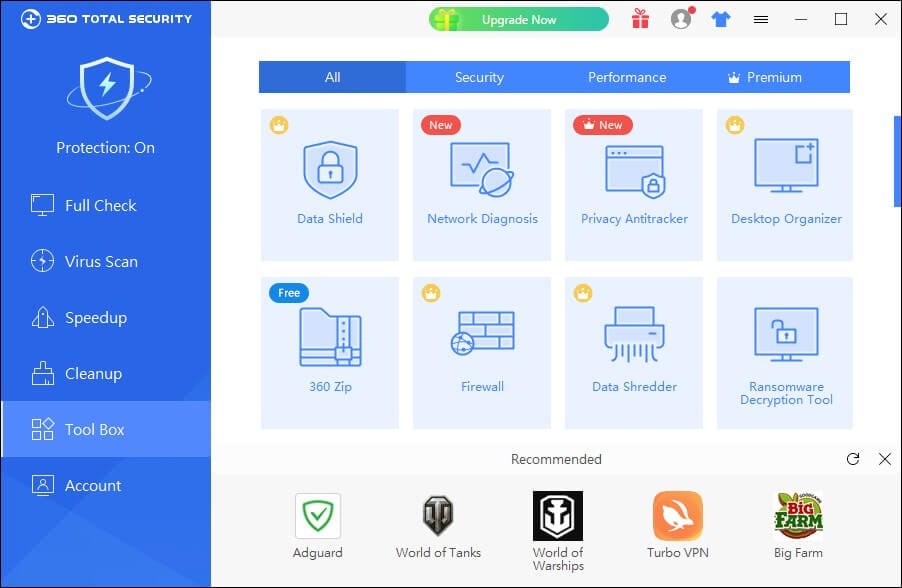 واجهة برنامج 360 Total Security تعرض الأدوات المختلفة مثل الحماية، التنظيف، وتسريع الكمبيوتر