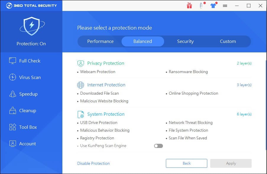 خيارات الفحص داخل برنامج 360 Total Security تشمل الفحص الكامل والسريع والمخصص لحماية شاملة