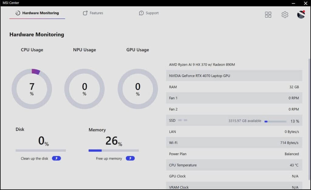 شاشة برنامج MSI Center أحدث إصدار تعرض أدوات المراقبة اللحظية لمكونات الجهاز مثل المعالج وكرت الشاشة والذاكرة