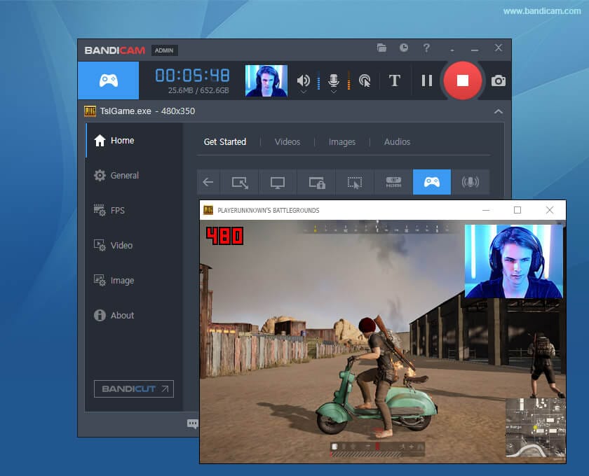 بدء تسجيل الشاشة أو الألعاب في برنامج Bandicam