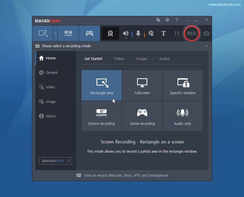 واجهة برنامج Bandicam الرئيسية لتسجيل الشاشة والفيديو