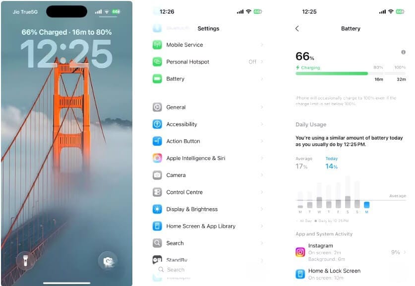 صورة توضح شاشة قفل iPhone تعرض الوقت المتوقع لشحن البطارية بعد تثبيت تحديث iOS 26.