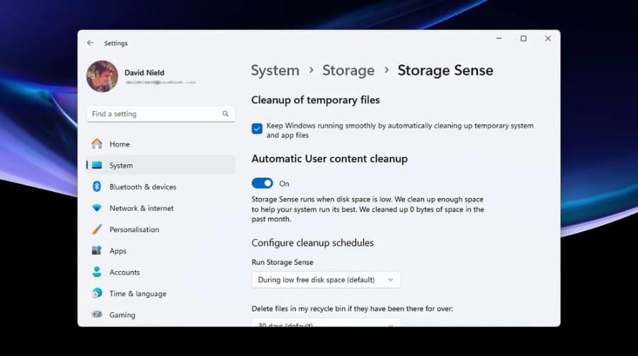 واجهة أداة Storage Sense لتوفير مساحة التخزين في ويندوز 11 بشكل تلقائي