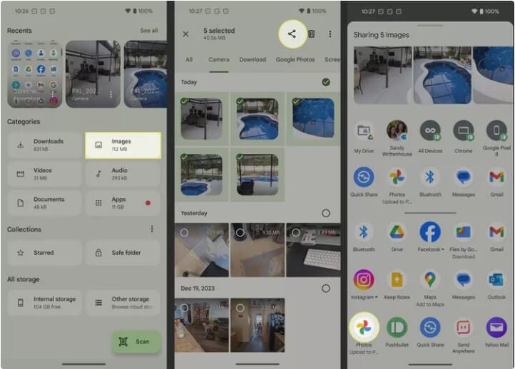 صورة توضح رفع الصور من هاتف أندرويد إلى تطبيق Google Photos لمزامنتها مع الآيفون