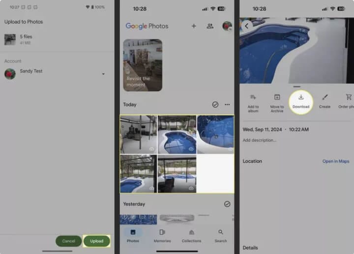 صورة لواجهة تطبيق Google Photos على آيفون أثناء تنزيل الصور المنقولة من الأندرويد.
