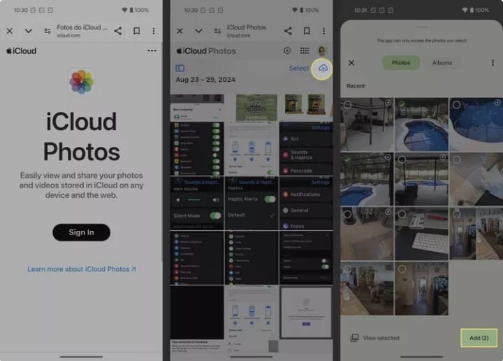 صورة تبين خطوات رفع الصور من هاتف أندرويد إلى iCloud Photos باستخدام المتصفح.
