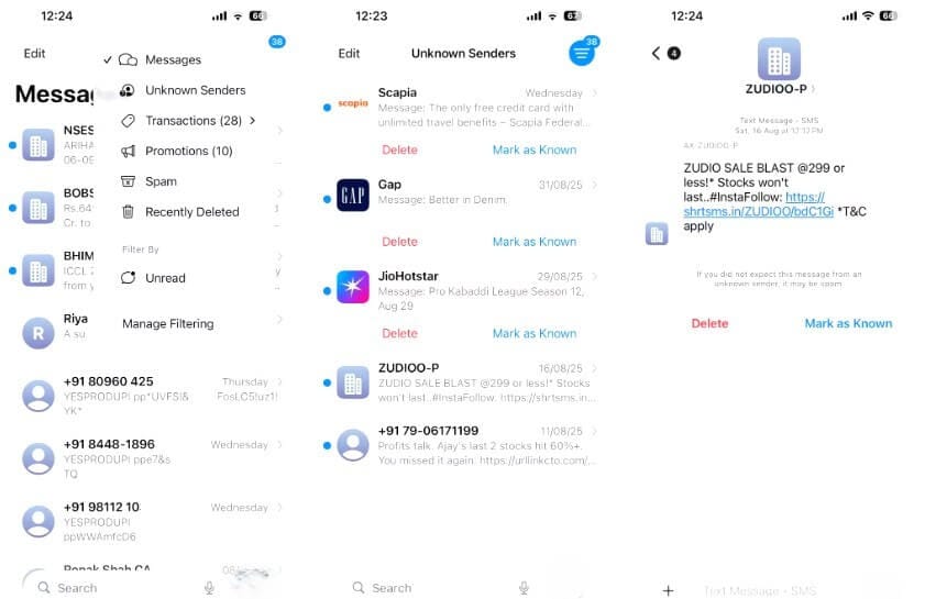 لقطة شاشة من تطبيق الرسائل في iOS 26 مع خاصية تصفية الرسائل العشوائية والمرسلة من أرقام غير معروفة.