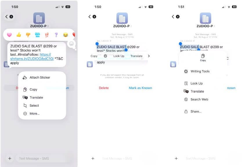 خاصية تحديد نصوص محددة من داخل الرسائل بسهولة في تطبيق iMessage بعد تحديث iOS 26.
