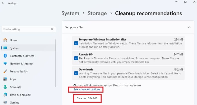 خيارات Cleanup Recommendations لتنظيف الملفات الكبيرة والمؤقتة في ويندوز 11