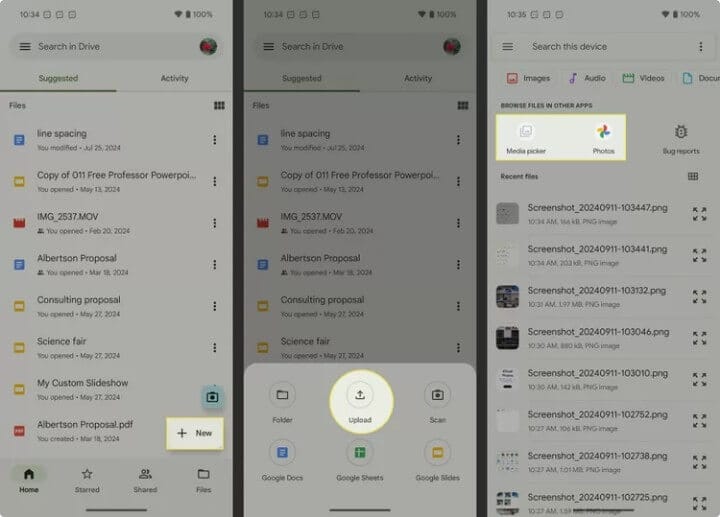 صورة توضح اختيار الصور من هاتف أندرويد ورفعها إلى Google Drive لمشاركتها مع الآيفون.