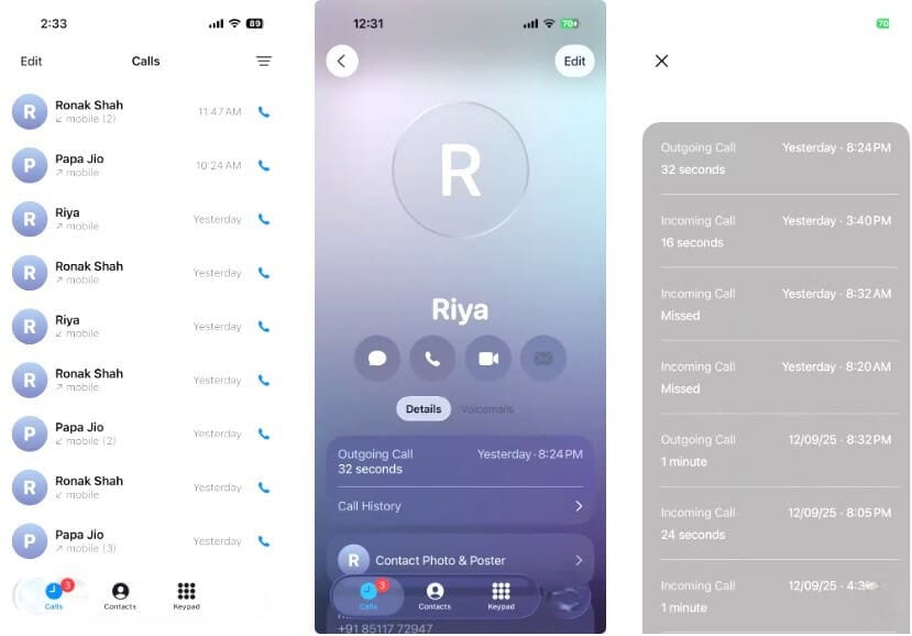 واجهة سجل المكالمات في iPhone تعرض تاريخ المكالمات مع جهة اتصال واحدة بعد تحديث iOS 26.