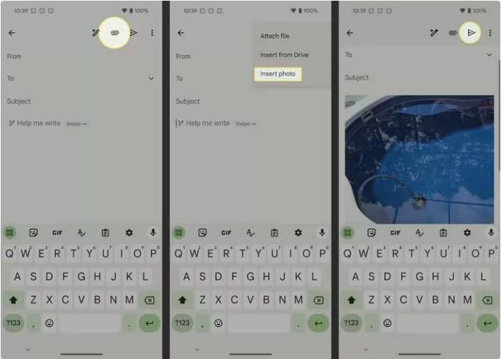 صورة تبين كيفية إرفاق الصور من معرض الصور في Gmail لإرسالها إلى آيفون.