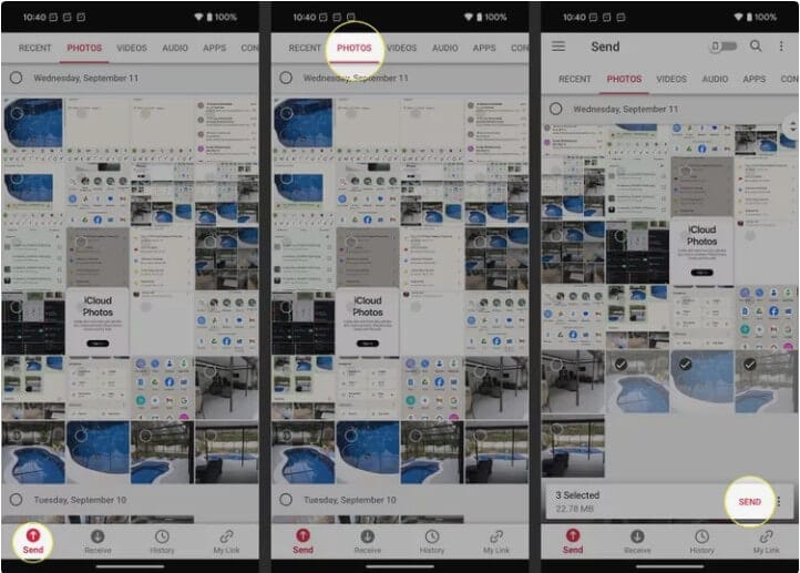صورة تعرض اختيار الصور من هاتف أندرويد عبر تطبيق Send Anywhere لنقلها مباشرة إلى آيفون.