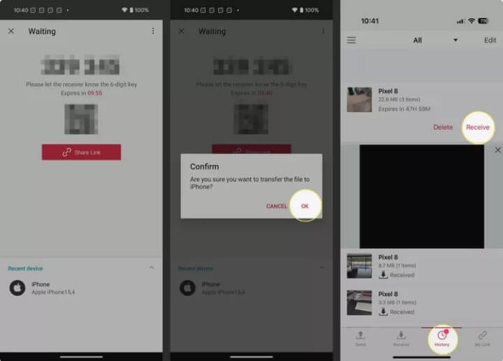 صورة تبين واجهة تطبيق Send Anywhere على آيفون أثناء استلام الصور المنقولة من الأندرويد.