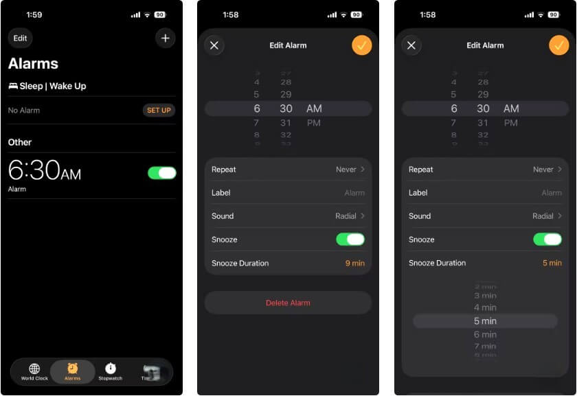 واجهة تطبيق الساعة على iPhone مع إمكانية تعديل مدة الغفوة حسب رغبة المستخدم في تحديث iOS 26.