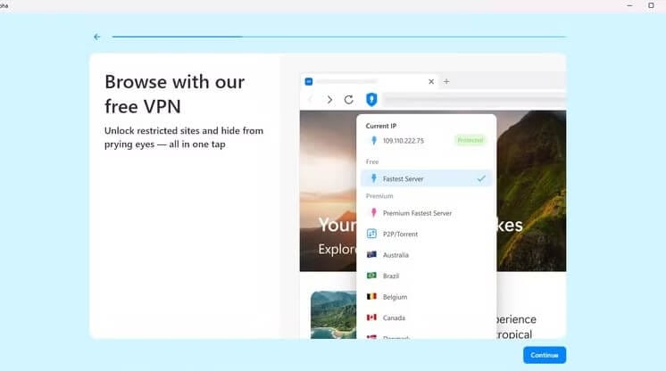 واجهة متصفح Aloha مع VPN مجاني وأدوات لحماية الخصوصية