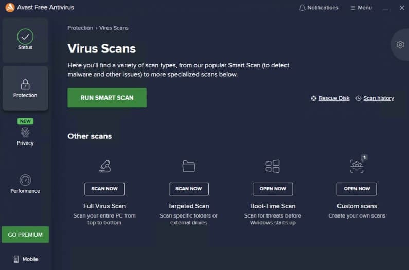 شاشة الحماية في Avast Free Antivirus مع أدوات إضافية