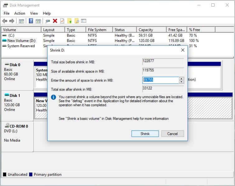 واجهة أداة Disk Management في ويندوز مع خيارات التقسيم.