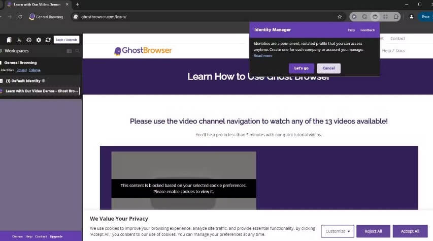 واجهة متصفح Ghost Browser لإدارة الحسابات المتعددة ومساحات العمل